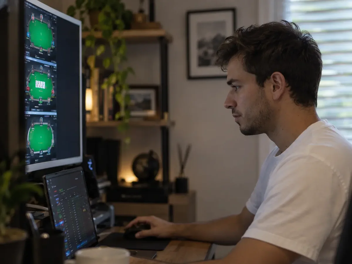 Jean Le Cam en session de poker en ligne, plusieurs tables ouvertes à l'écran